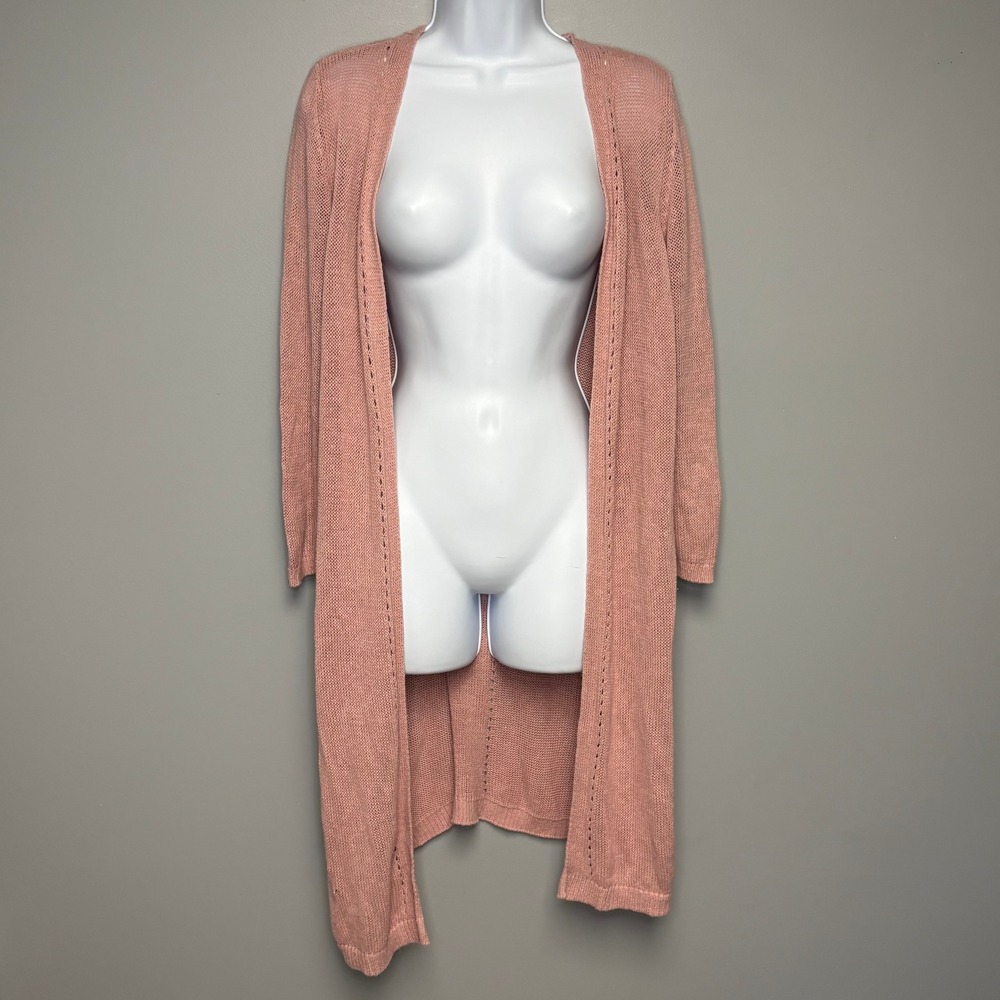 LOFT Pink Linen Blend Lightweight Beachy Resortwear Open Long Cardigan Sz M